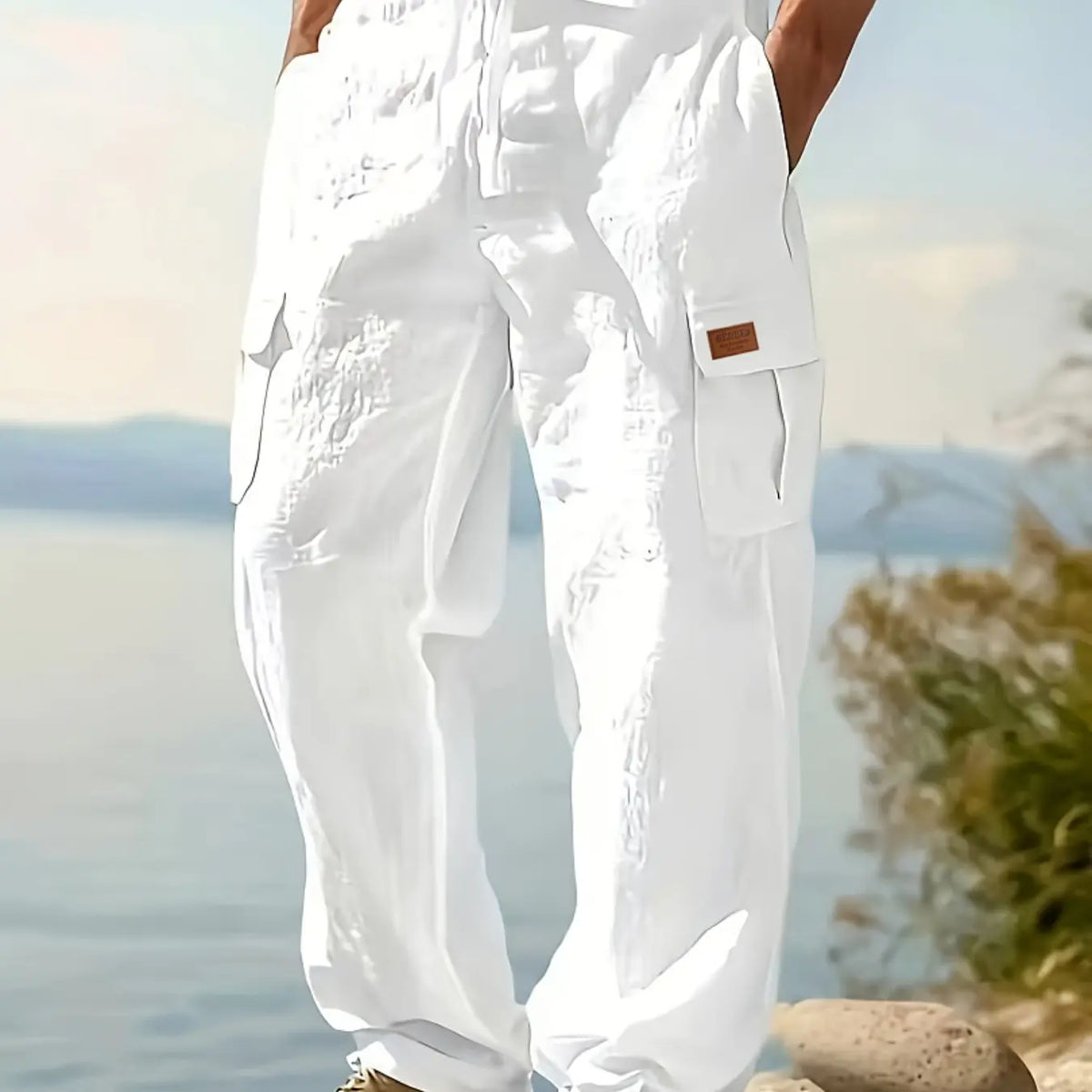 Men's Workwear Classic Linen Pants, Drawstring Multi-Pocket Straight Leg, Breathable Plain Casual Pants for Spring & Fall, Outdoor Beach Wear