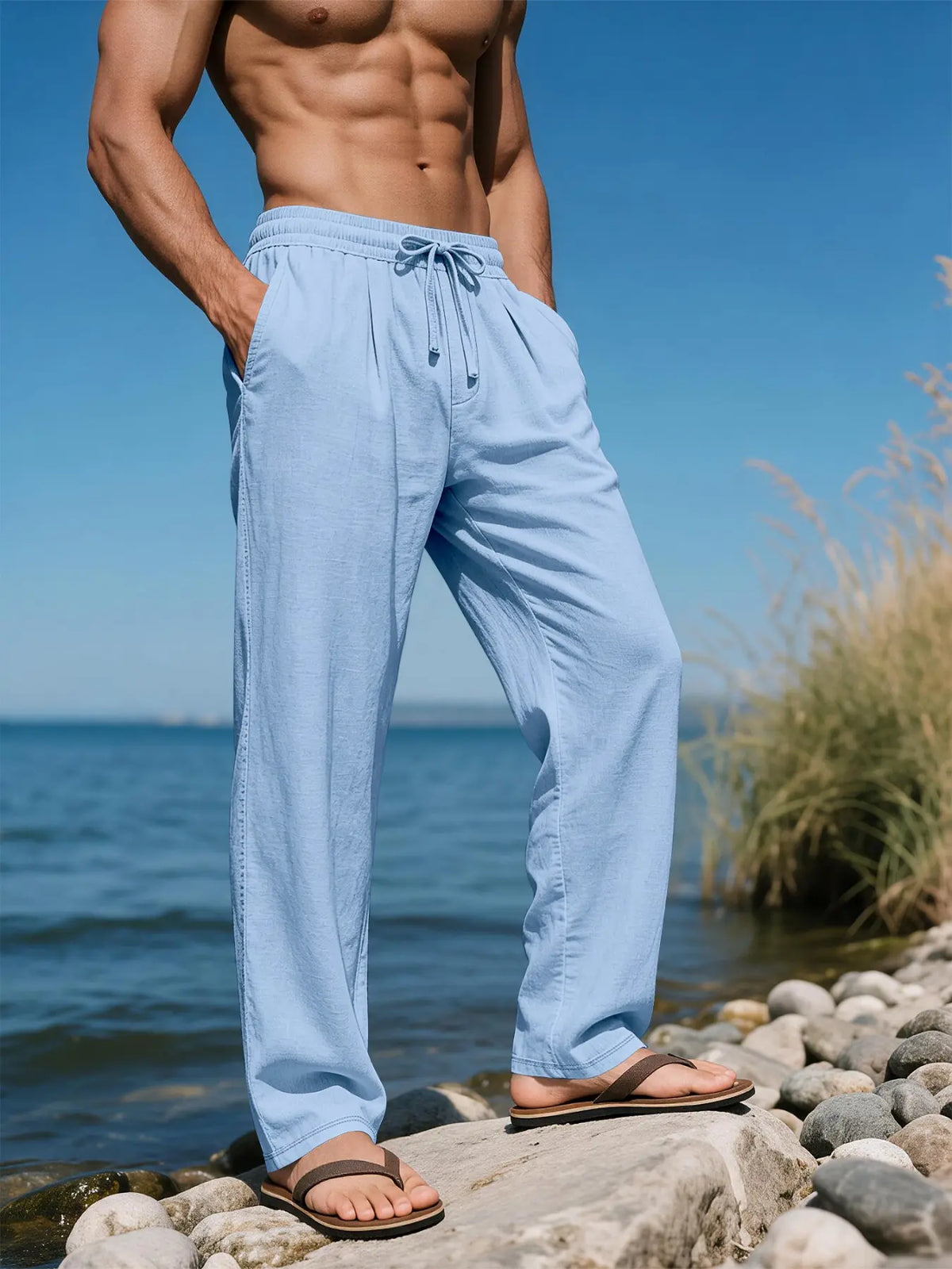 Men's Linen Long Plain Casual Drawstring Waist Trousers Pants, Breathable Tropical Summer Wear, Perfect for Beach, Travel and Commute, Fashionable Bottoms for Men, Casual Comfy Trousers