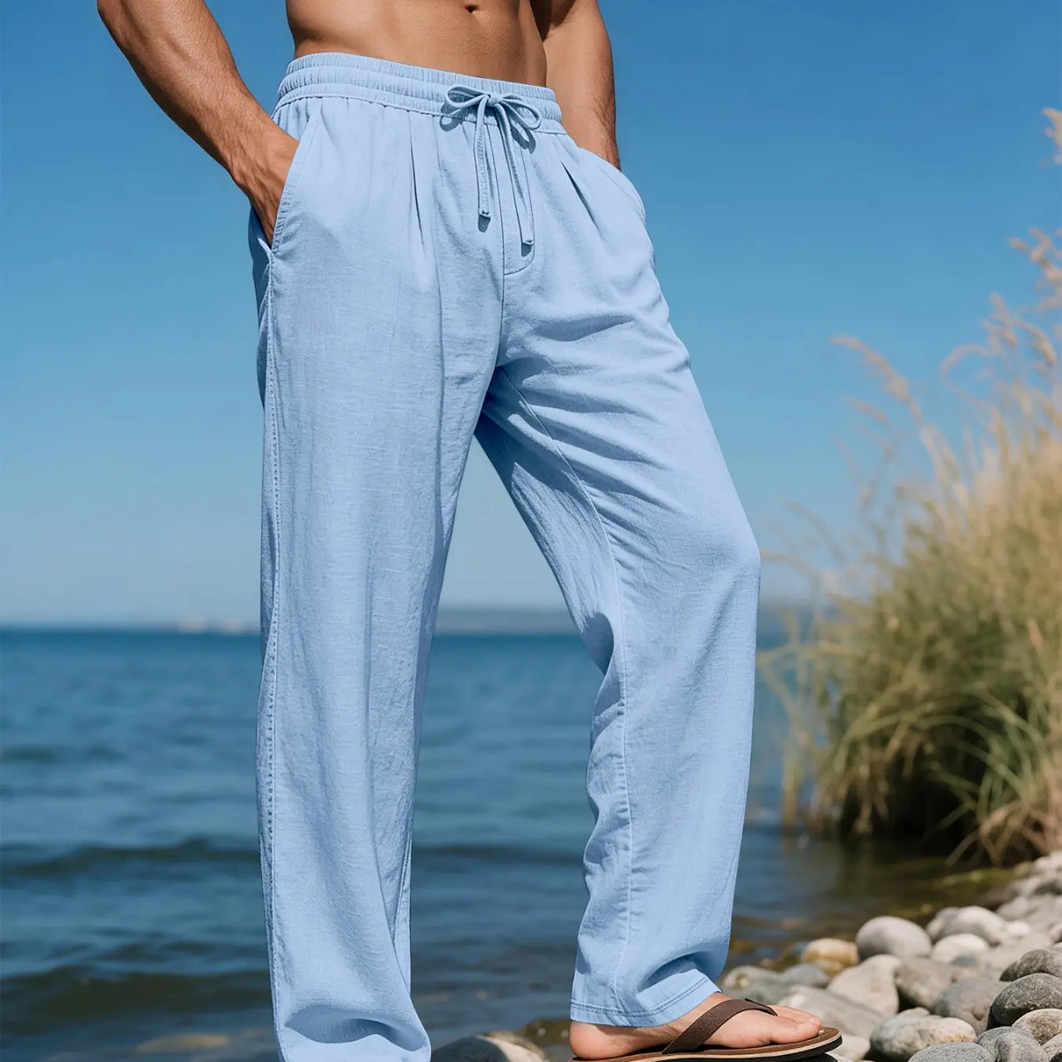 Men's Linen Long Plain Casual Drawstring Waist Trousers Pants, Breathable Tropical Summer Wear, Perfect for Beach, Travel and Commute, Fashionable Bottoms for Men, Casual Comfy Trousers