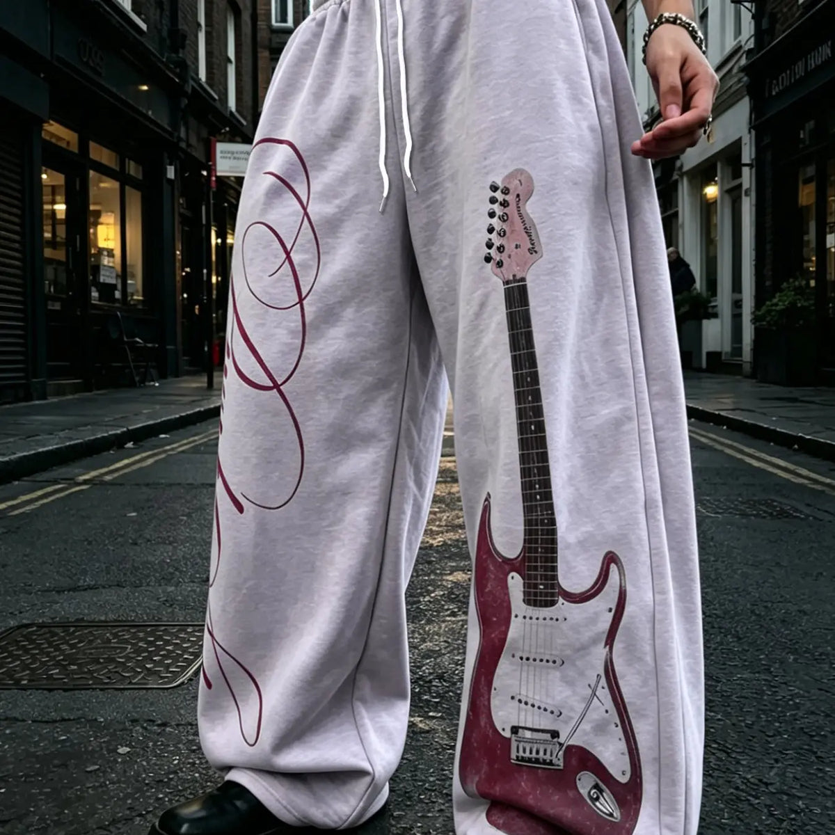 Unisex Street Rock Style Streetwear Drawstring Baggy Pants, Geometric Guitar Print, Elastic Waist, Slant Pockets, Casual Loose Fit, All Seasons
