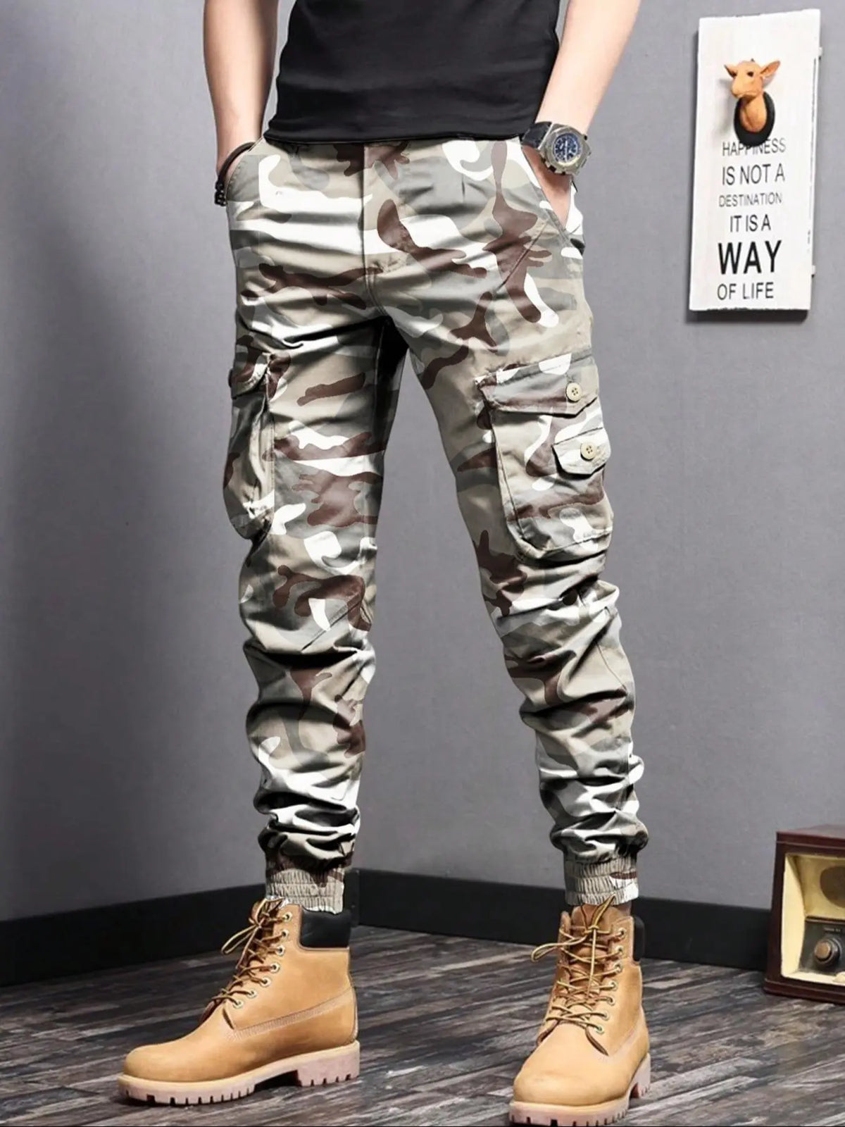 Men's Plain Button Pocket Cargo Pants, Regular Fit Street Fashion Casual Cargo Style Drawstring Waist Jogger Pants For Daily Wear, Woven Bottoms For All Seasons, Drawstring Trousers