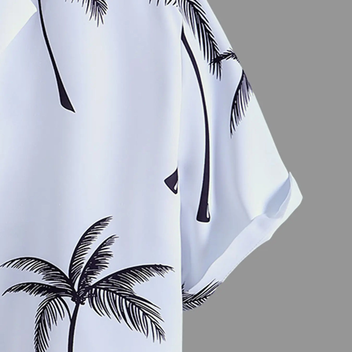 Men's White & Black Tropical Palm Tree Print Loungewear Set, Pajama Set, Pjs, Lounge Sets - Short-Sleeve Button-Up Shirt (Rolled Cuffs) + Drawstring Shorts, Ultra-Soft Smooth Fabric, Relaxed Oversized Fit, Perfect for At-Home Lounging, Pyjamas