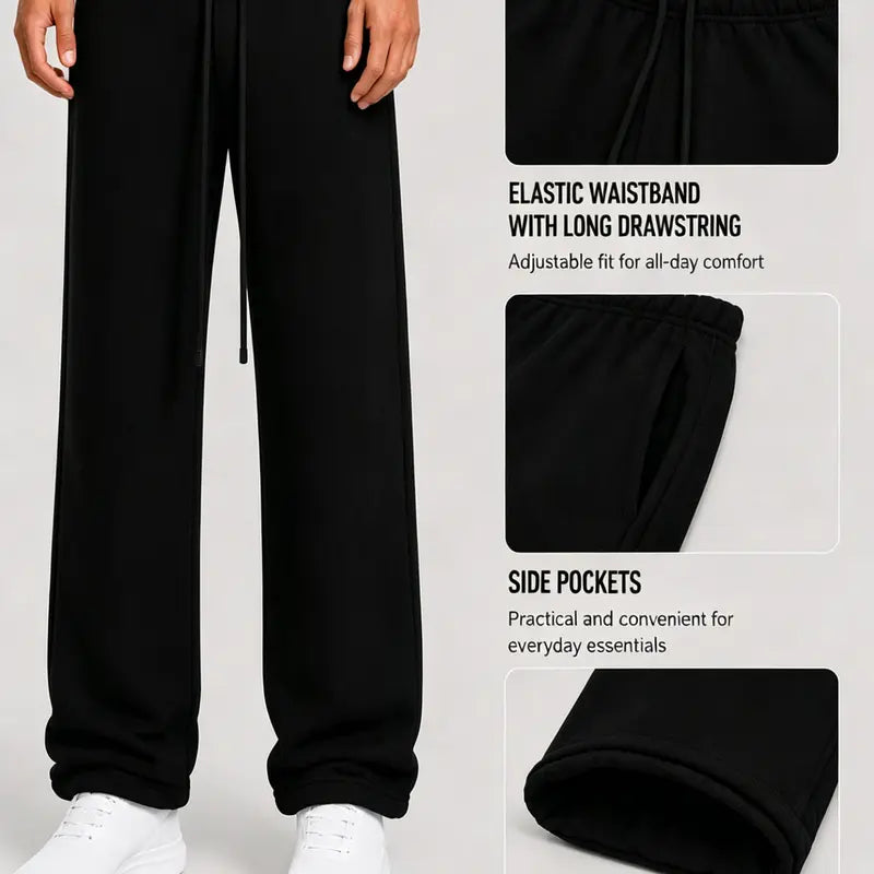 Men's Open Hem Black Sweatpants - Elastic Waist, Sporty Chic Style, Clean Design, Unisex Casual Streetwear Loungewear Bottoms