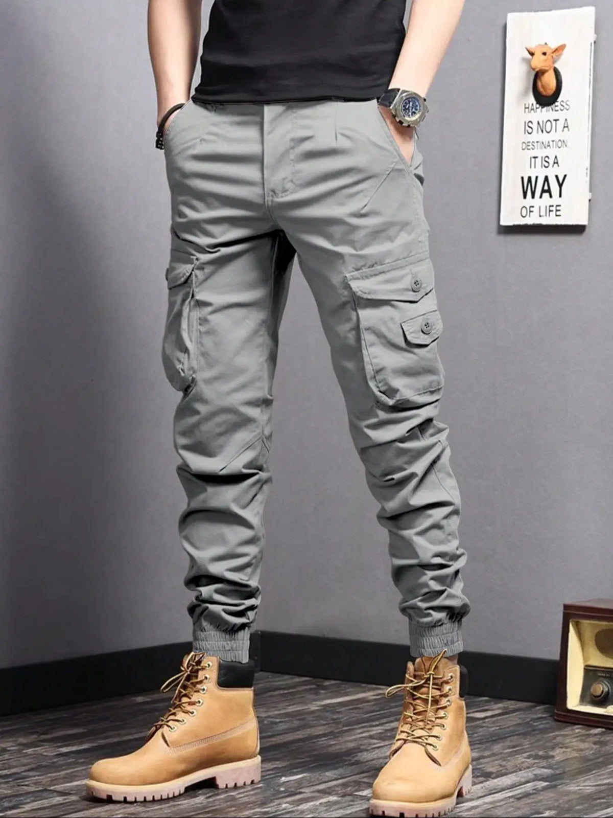 Men's Plain Button Pocket Cargo Pants, Regular Fit Street Fashion Casual Cargo Style Drawstring Waist Jogger Pants For Daily Wear, Woven Bottoms For All Seasons, Drawstring Trousers