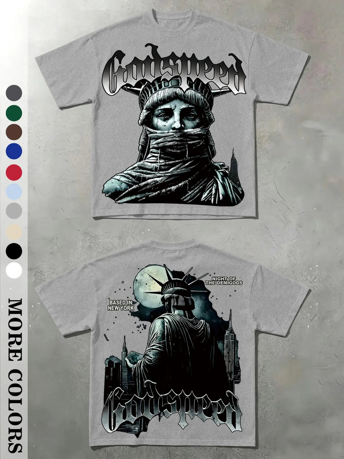Men's Vintage Masked Statue of Liberty Print T-Shirt, Godspeed Gothic Letter, Casual Fitted Long Sleeve, Plain Surface Graphic Design Aesthetic, Streetwear Tops