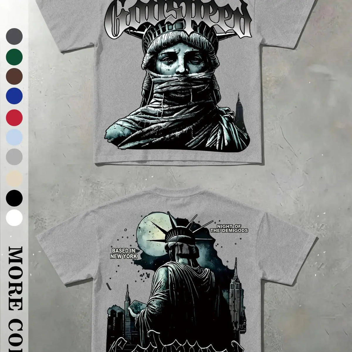 Men's Vintage Masked Statue of Liberty Print T-Shirt, Godspeed Gothic Letter, Casual Fitted Long Sleeve, Plain Surface Graphic Design Aesthetic, Streetwear Tops