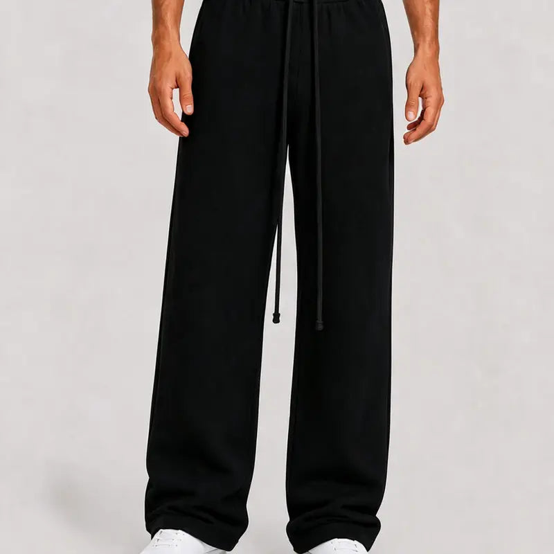 Men's Open Hem Black Sweatpants - Elastic Waist, Sporty Chic Style, Clean Design, Unisex Casual Streetwear Loungewear Bottoms