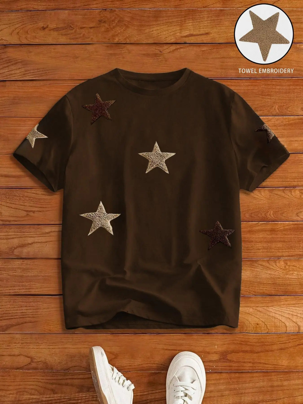 Men's Street Style Star Chenille Embroidery Patch Textured Short Sleeve T-Shirt, Casual Daily Wear, Anniversary Gift, Streetwear Menswear