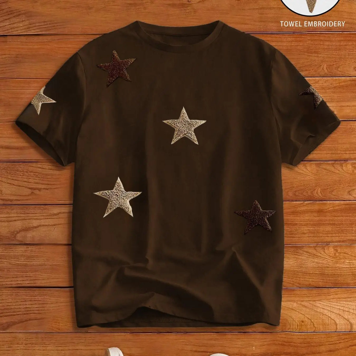 Men's Street Style Star Chenille Embroidery Patch Textured Short Sleeve T-Shirt, Casual Daily Wear, Anniversary Gift, Streetwear Menswear