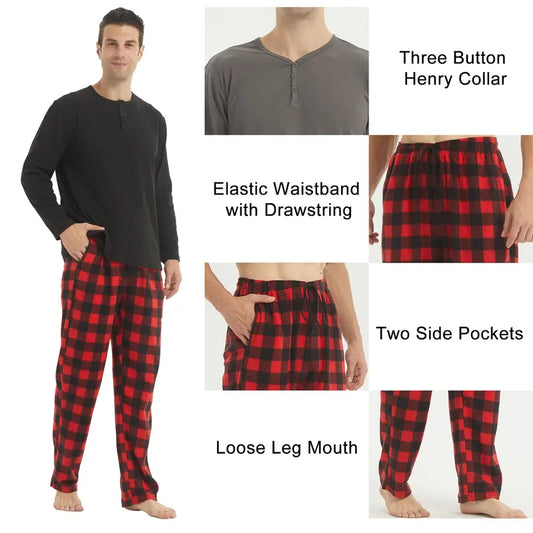 LANBAOSI Menswear Henley 2-Piece Pajama Outfit - Button-Down Long Sleeve Sleep Shirt, Plaid Checked Pants, Soft Cozy Thermal Casual Chic Loungewear for Cool Weather