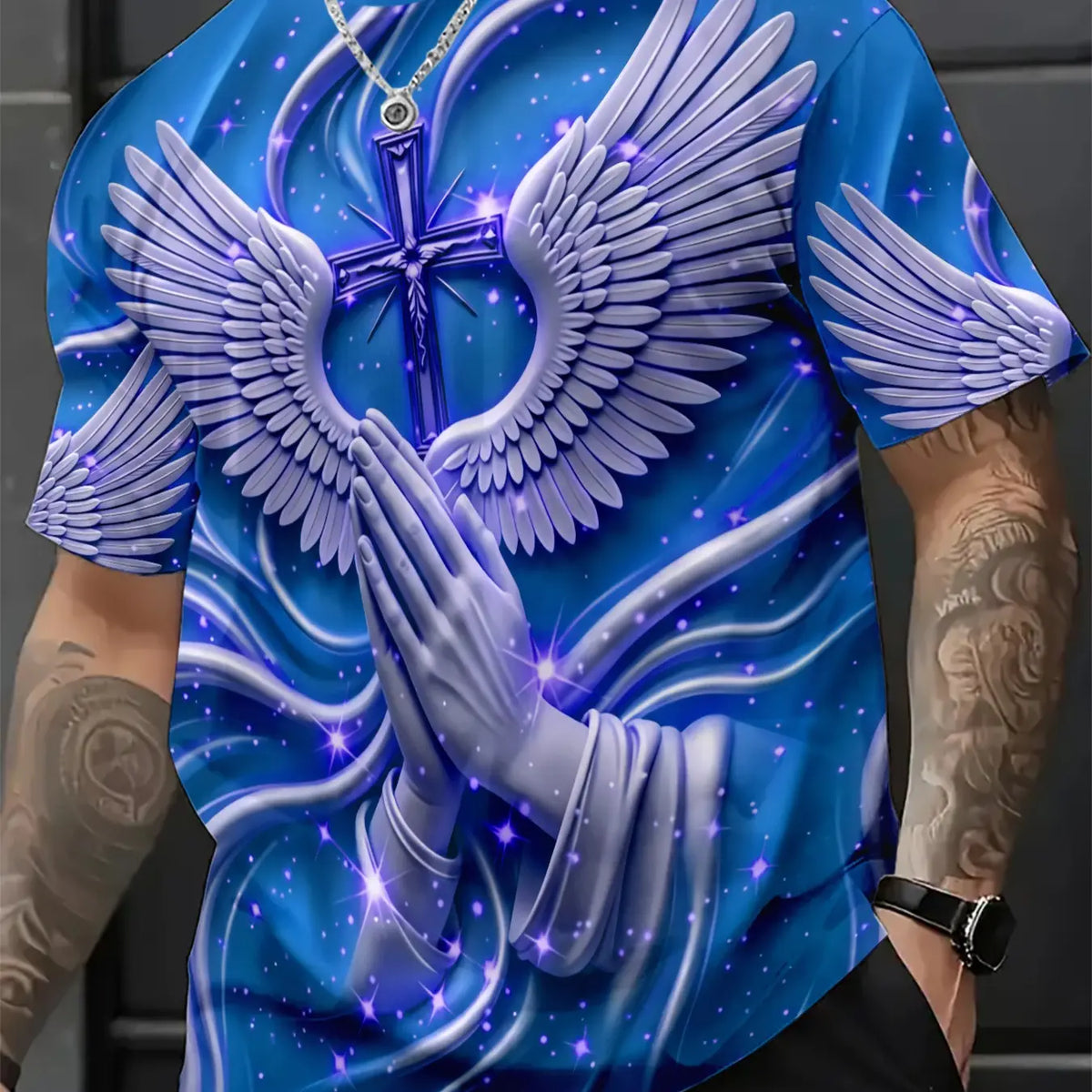 Men's Religious Prayer Angel Wings Cross 3D High Definition Graphic Print T-Shirt, Round Neck Short Sleeve Slim-Fit Summer Streetwear Stylish Tee