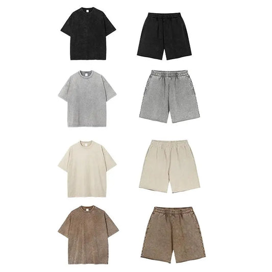 Unisex 100% Cotton 2-Piece Casual Sports & Outdoor Crew Neck Loungewear Set - Short Sleeves T-Shirt, Shorts, Polyester-Blend Accents, Vintage Retro Batik Washed, Machine Washable, All-Season, Normal Type, Plain Design, Set 1