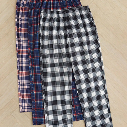 Men's Plaid Checked Home Pants Set of Three, Drawstring Waist Loose Fit Casual Nightwear Loungewear Pajamas Pants Pajama Sleepwear Pj Pants, Long Regular Length for Fall & Winter