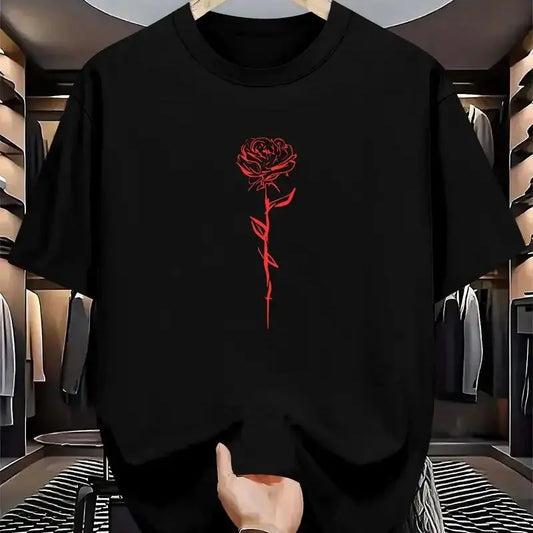 Men's Round Neck Soft Cotton Short-Sleeve T-Shirt - Loose Fit Heart Rose Print Quick-Drying Sporty Chic Streetwear Top, Summer Casual Chinese New Year Basics Menswear Apparel 052, Sohochic
