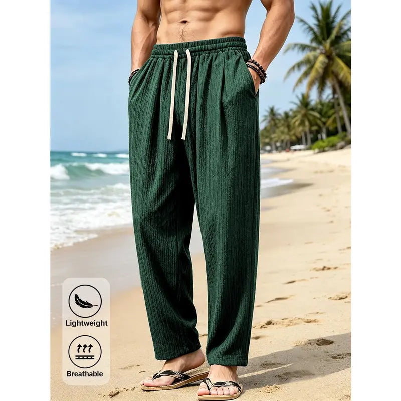 Menswear Straight Loose Casual Beachy Ankle Pants - Quick-Dry Polyester, Elastic Drawstring High Waist, Relaxed Fit, Lightweight Breathable Textured Look, Wrinkle-Free, Side Pockets for Summer Vacation, Travel, M