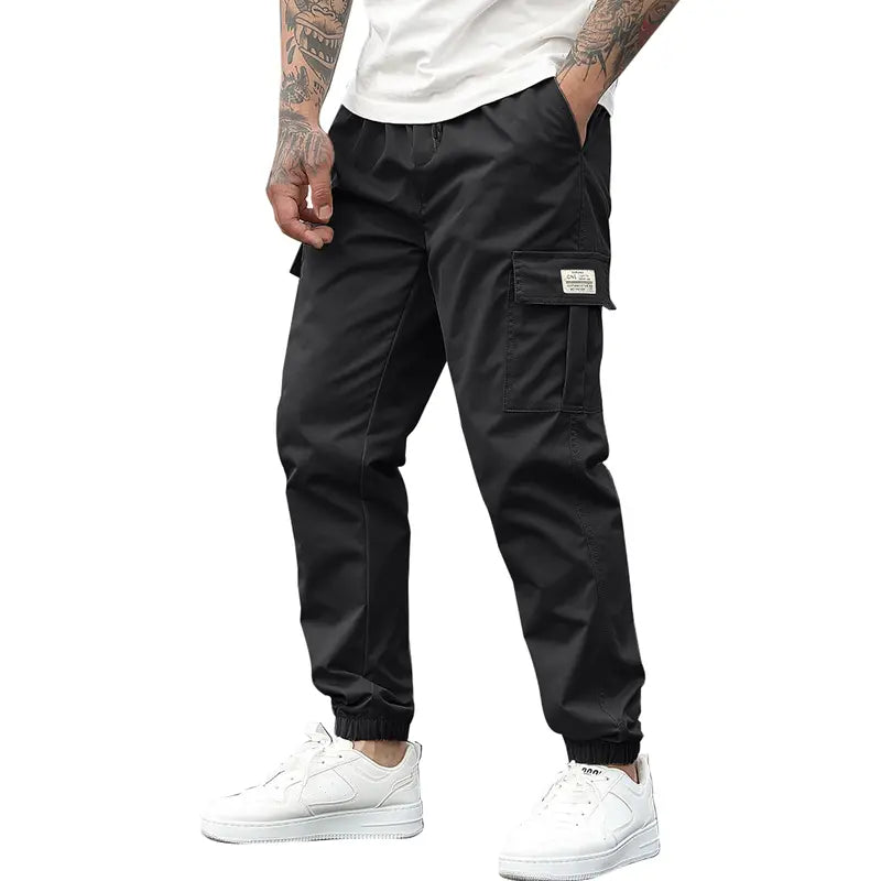 Men's Elastic Waist Tactical Cargo Pants - Multi-Pocket Utility, Fitted Cut, Stylish Solid Design, Work-to-Outdoor Outdoor-Ready Gear for Workwear & Activities