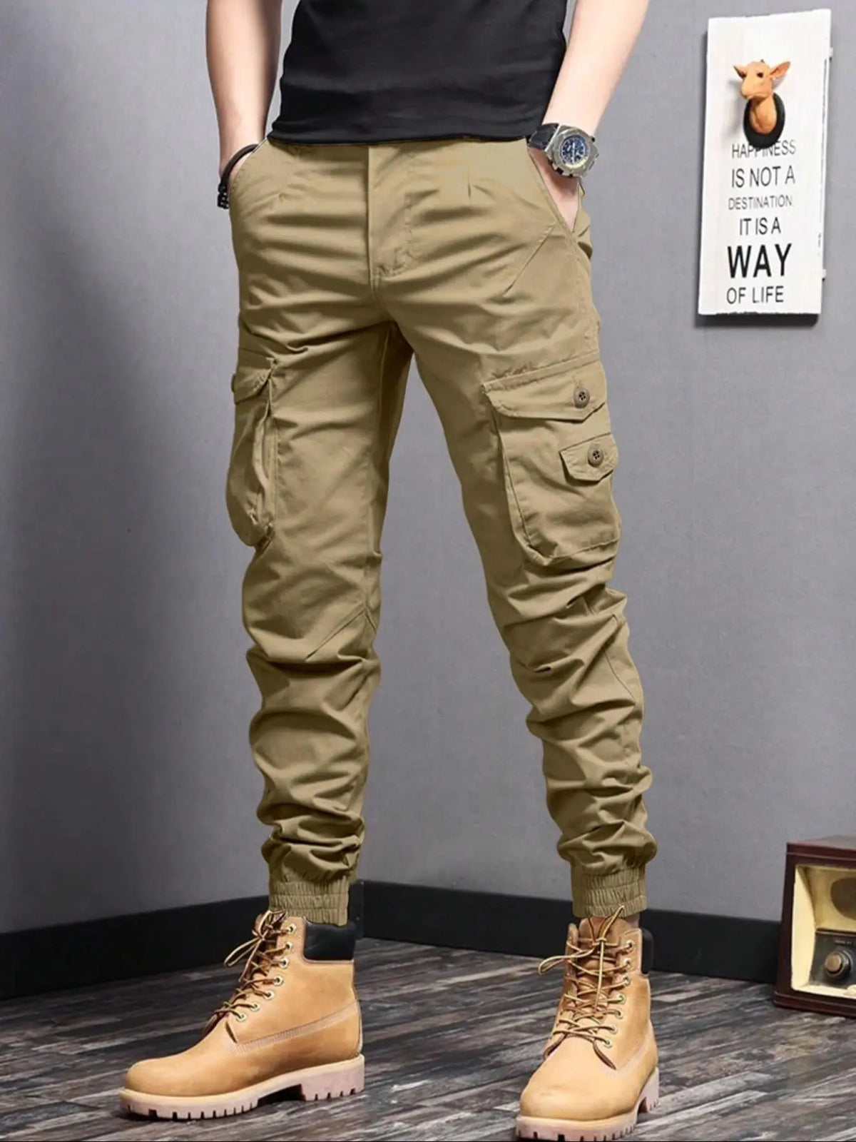 Men's Plain Button Pocket Cargo Pants, Regular Fit Street Fashion Casual Cargo Style Drawstring Waist Jogger Pants For Daily Wear, Woven Bottoms For All Seasons, Drawstring Trousers