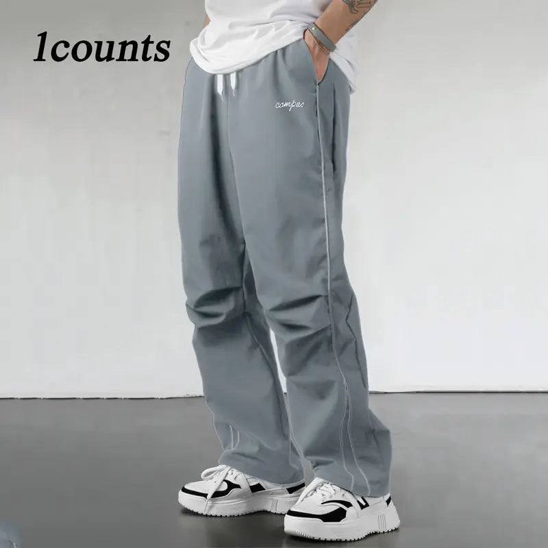 Men's Relaxed Fit Summer Woven Pants - Menswear Sportswear, Lightweight Athletic Fabric, Straight Leg with White Side Stripes, Non-Stretch, Machine Washable 100% Polyester Outdoor Trousers#SummerVibes