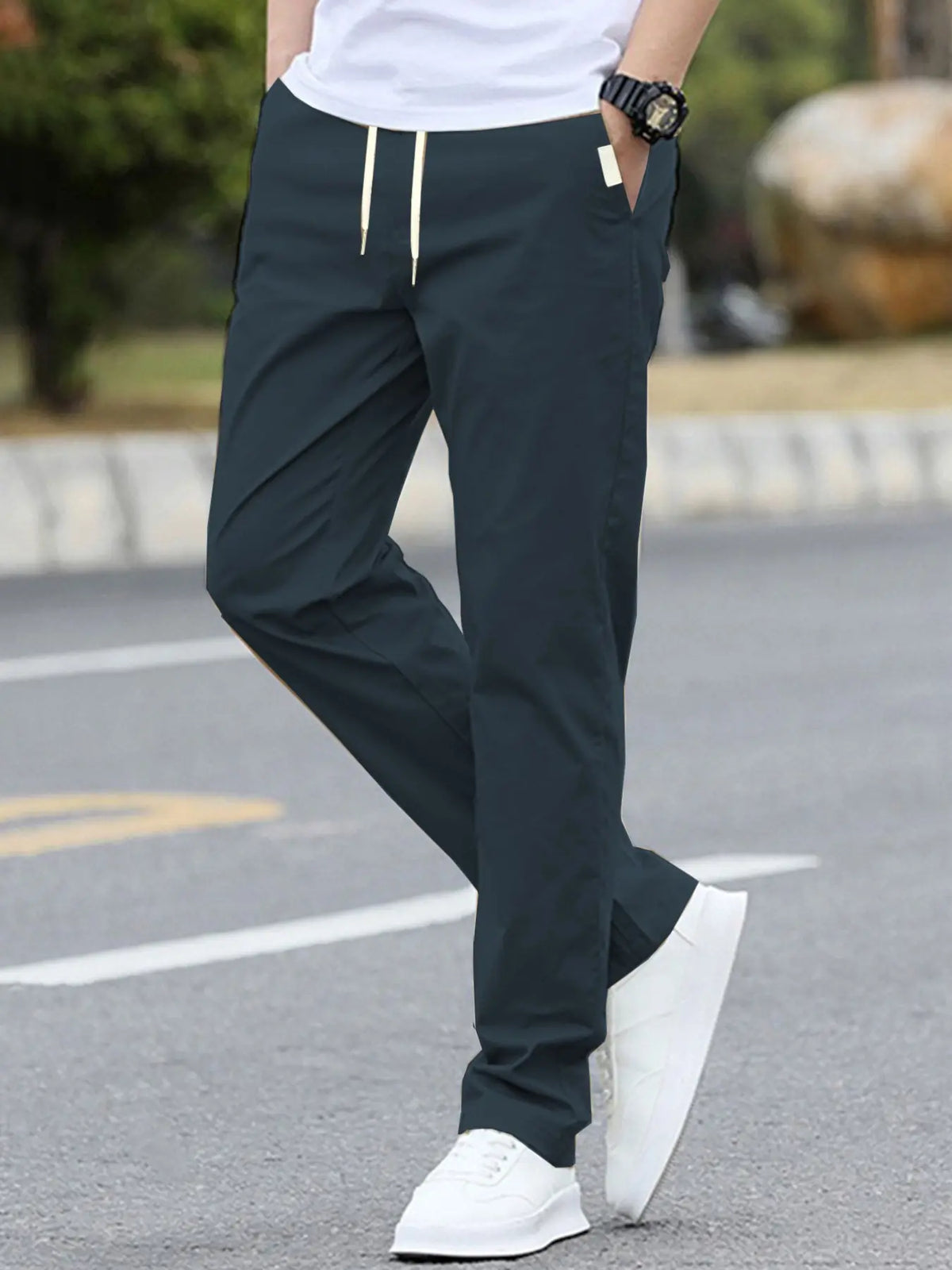 Men's Solid Color Drawstring Waist Pants with Side Pockets, Adjustable Waist Trousers, Casual Fitted Trousers for All Seasons, Comfortable Everyday Wear, Casual Elastic Waist, Casual Comfy Fit