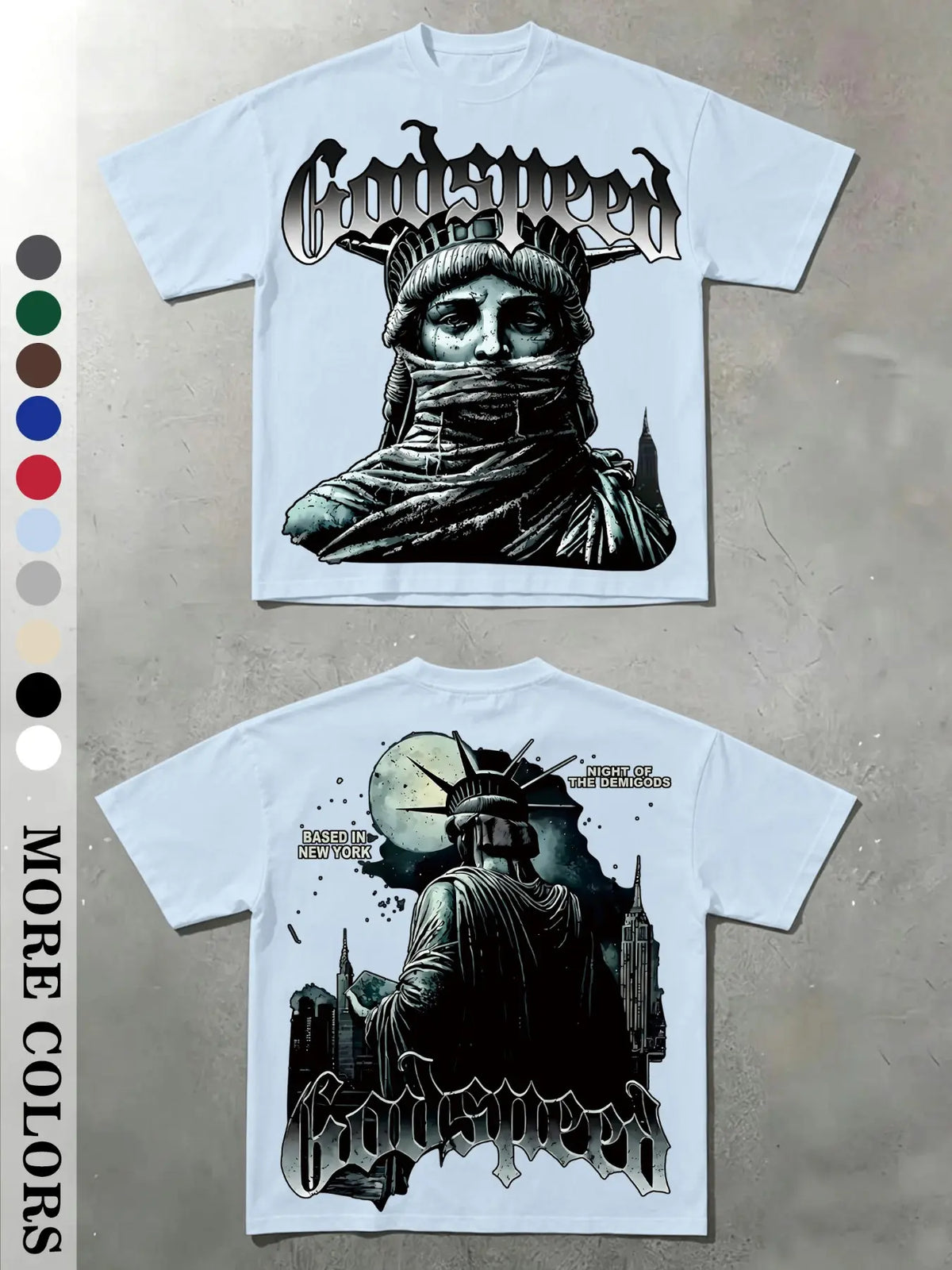 Men's Vintage Masked Statue of Liberty Print T-Shirt, Godspeed Gothic Letter, Casual Fitted Long Sleeve, Plain Surface Graphic Design Aesthetic, Streetwear Tops