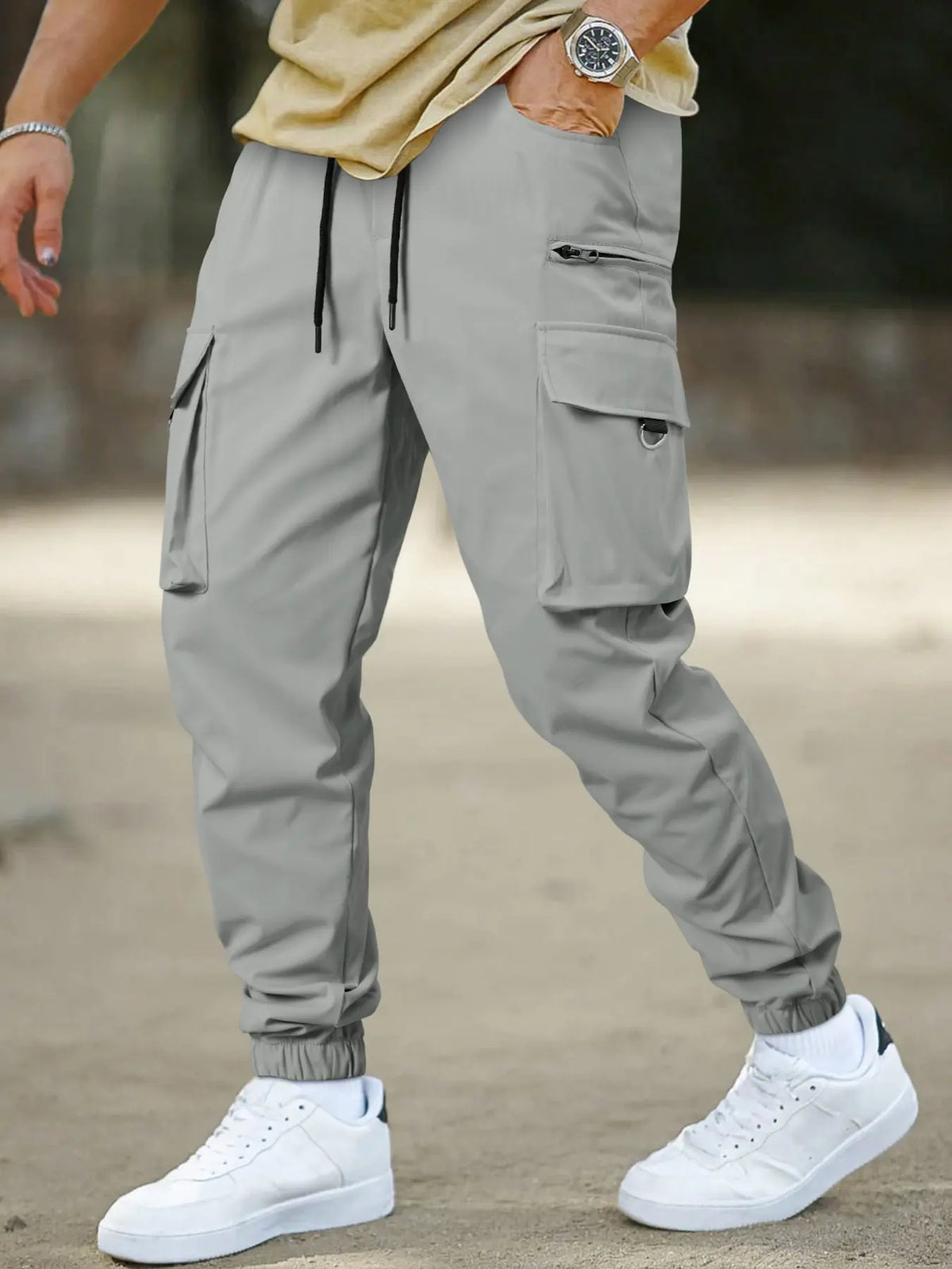 Men's Plain Button Pocket Cargo Pants, Regular Fit Street Fashion Casual Cargo Style Drawstring Waist Jogger Pants For Daily Wear, Woven Bottoms For All Seasons, Drawstring Trousers