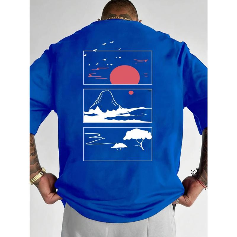 Men's Pure Cotton Crew Neck Short-Sleeve Casual Tee - Fashionable, Versatile, Simple, Loose-Fitting Menswear for Commuting, Christmas, Chinese New Year with Sunset Print