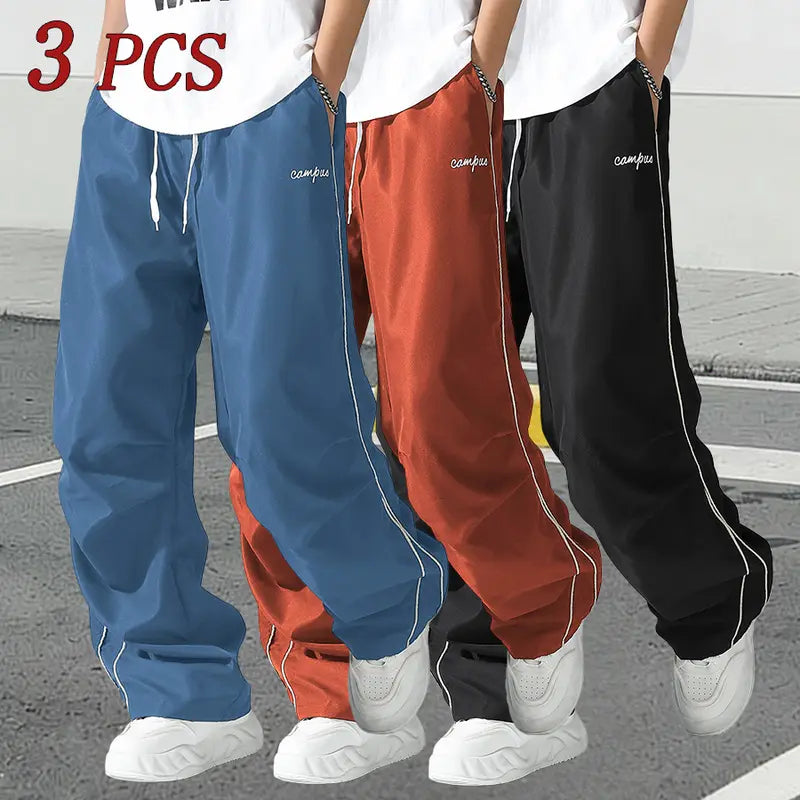 Men's Relaxed Fit Summer Woven Pants - Menswear Sportswear, Lightweight Athletic Fabric, Straight Leg with White Side Stripes, Non-Stretch, Machine Washable 100% Polyester Outdoor Trousers#SummerVibes