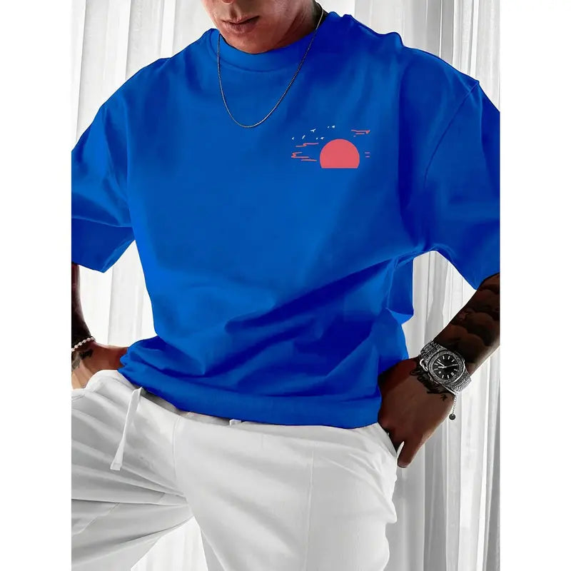 Men's Pure Cotton Crew Neck Short-Sleeve Casual Tee - Fashionable, Versatile, Simple, Loose-Fitting Menswear for Commuting, Christmas, Chinese New Year with Sunset Print