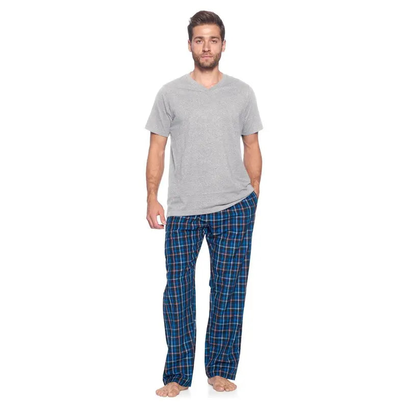 Ashford & Brooks Men's 2-Piece Plaid Detail Pajama Set - Elastic, Cotton Blend, Relaxed Fit, Shrink Resistant, Woven Pants with Side Pockets, Short-Sleeve Soft Cotton Jersey T-Shirt, Breathable Year-Round Sleepwear & Loungewear, Year-Round Wear