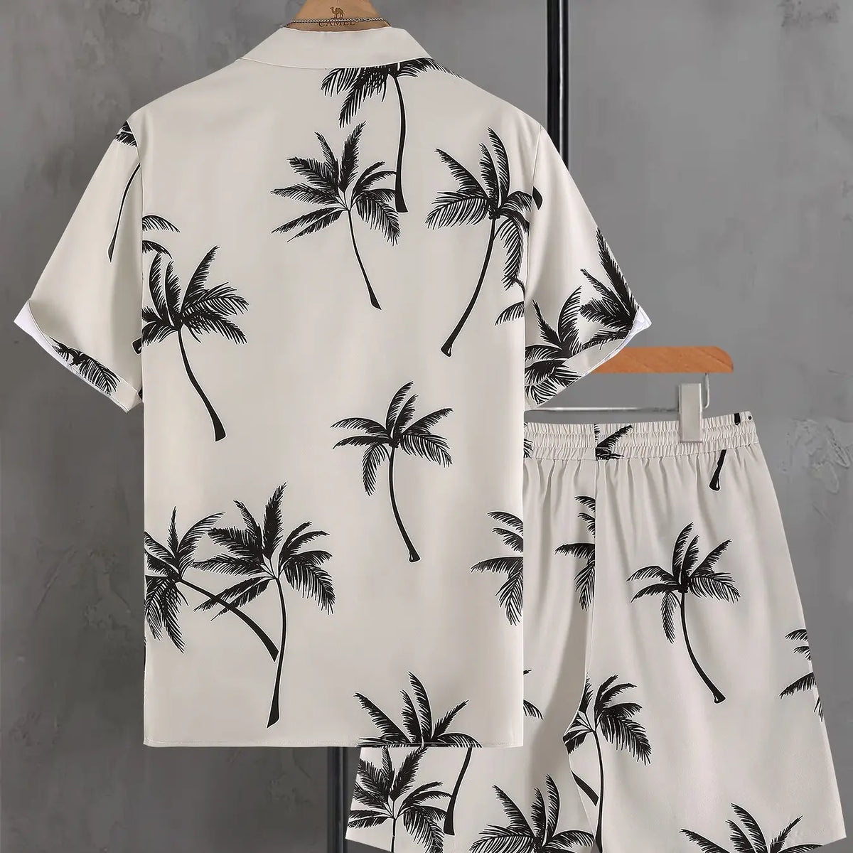 Men's White & Black Tropical Palm Tree Print Loungewear Set, Pajama Set, Pjs, Lounge Sets - Short-Sleeve Button-Up Shirt (Rolled Cuffs) + Drawstring Shorts, Ultra-Soft Smooth Fabric, Relaxed Oversized Fit, Perfect for At-Home Lounging, Pyjamas