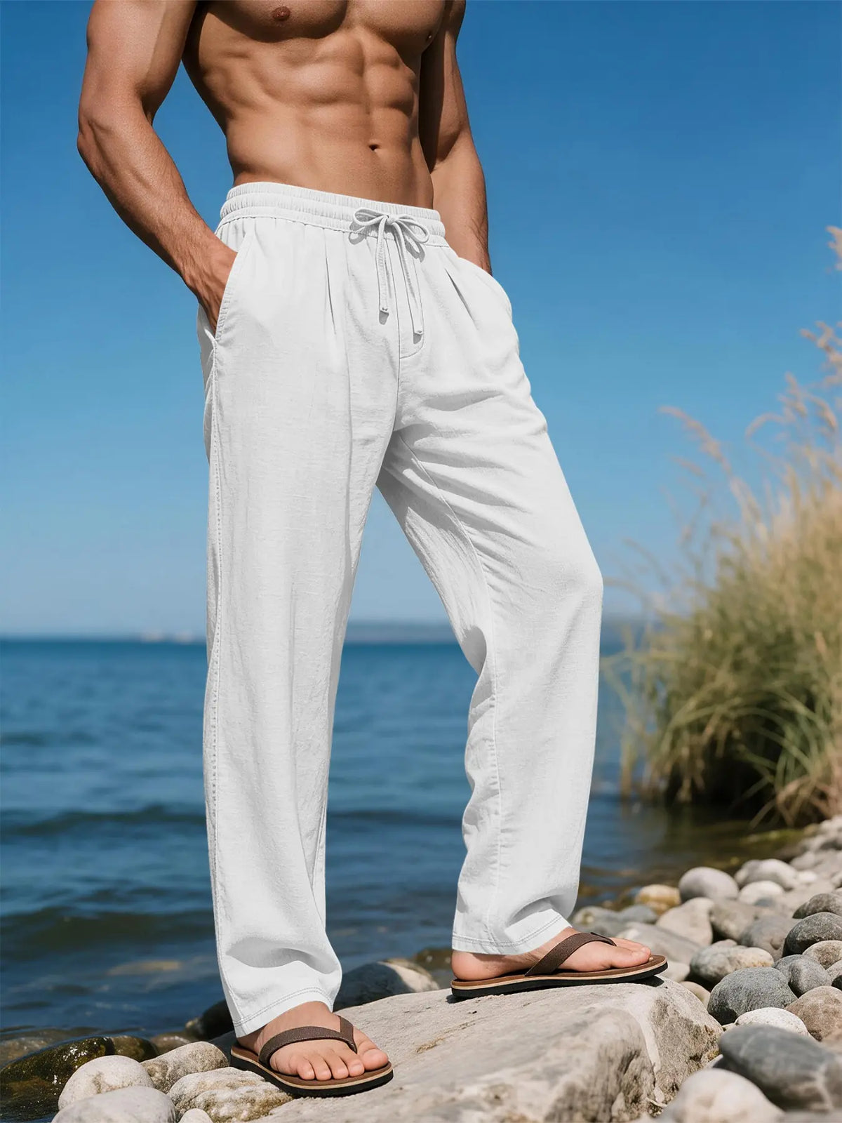 Men's Linen Long Plain Casual Drawstring Waist Trousers Pants, Breathable Tropical Summer Wear, Perfect for Beach, Travel and Commute, Fashionable Bottoms for Men, Casual Comfy Trousers