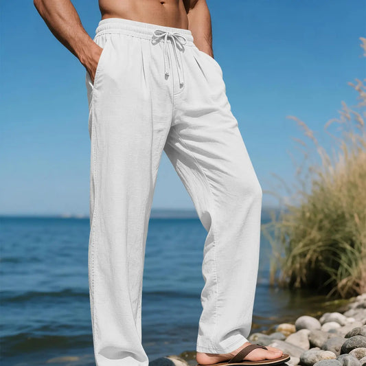 Men's Linen Long Plain Casual Drawstring Waist Trousers Pants, Breathable Tropical Summer Wear, Perfect for Beach, Travel and Commute, Fashionable Bottoms for Men, Casual Comfy Trousers