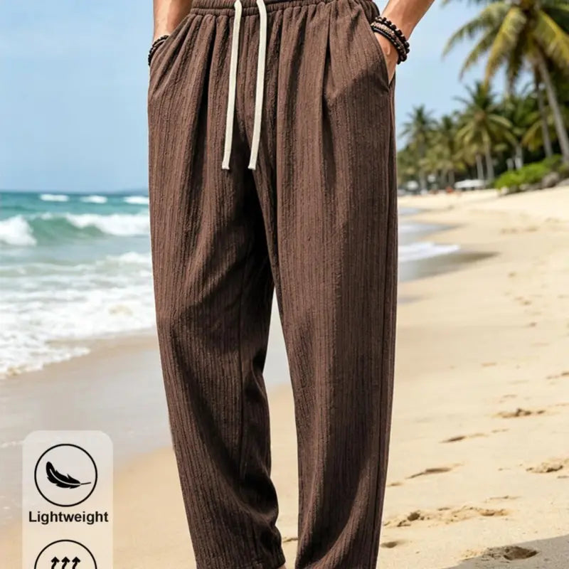 Menswear Straight Loose Casual Beachy Ankle Pants - Quick-Dry Polyester, Elastic Drawstring High Waist, Relaxed Fit, Lightweight Breathable Textured Look, Wrinkle-Free, Side Pockets for Summer Vacation, Travel, M