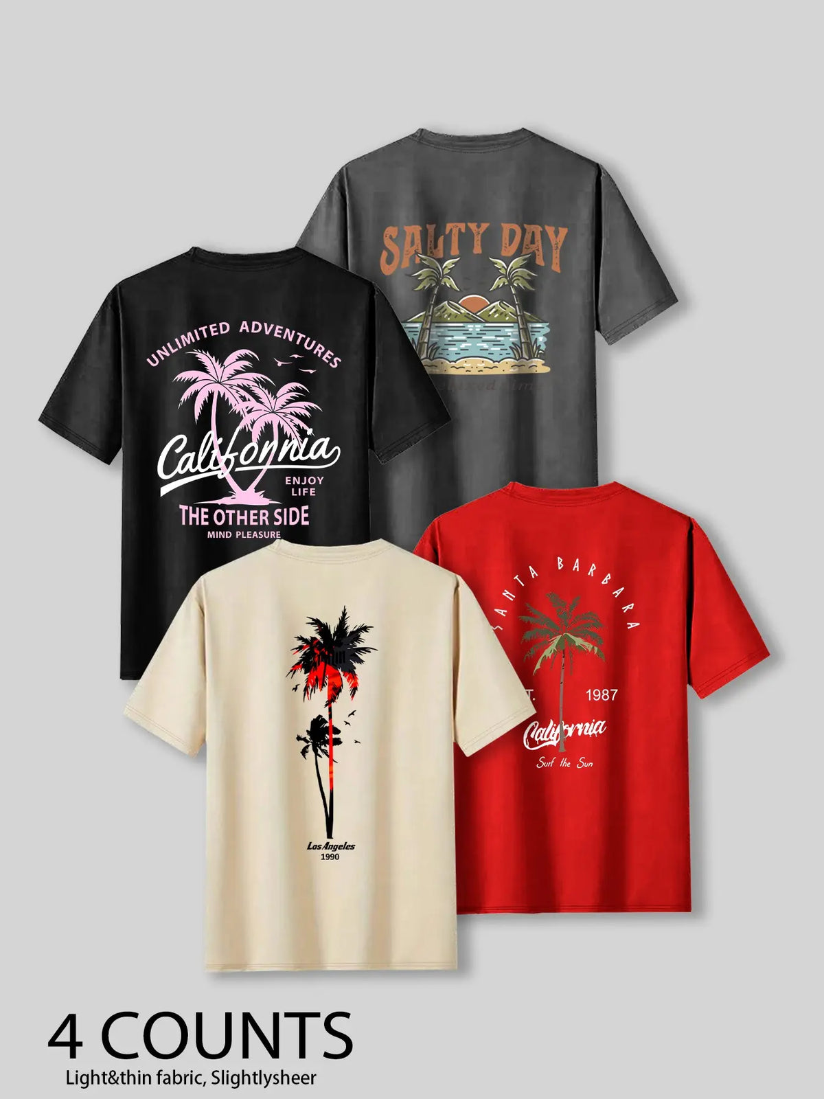 Summer Casual Beach Vibe Style Tropical Coconut Tree Print Top, Unisex Fashion Fitted Casual Graphic Tee T-Shirt Short Sleeve 4-Pack, Comfortable Fit, Perfect for Daily Wear