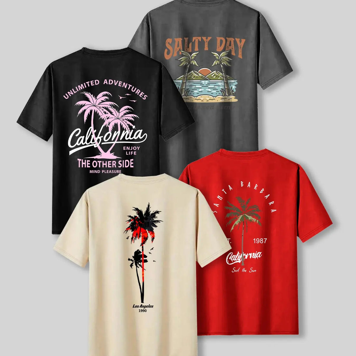 Summer Casual Beach Vibe Style Tropical Coconut Tree Print Top, Unisex Fashion Fitted Casual Graphic Tee T-Shirt Short Sleeve 4-Pack, Comfortable Fit, Perfect for Daily Wear