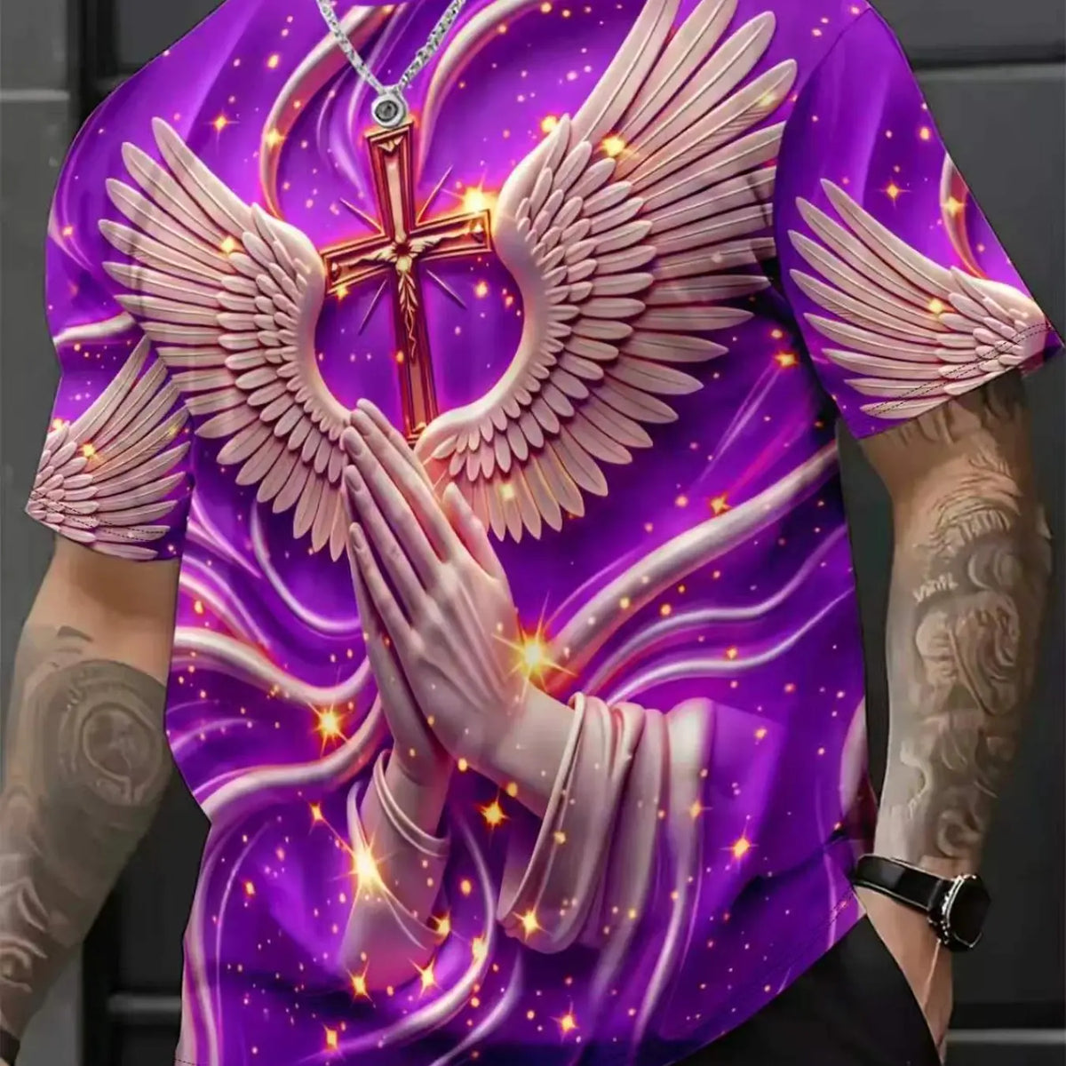 Men's Religious Prayer Angel Wings Cross 3D High Definition Graphic Print T-Shirt, Round Neck Short Sleeve Slim-Fit Summer Streetwear Stylish Tee