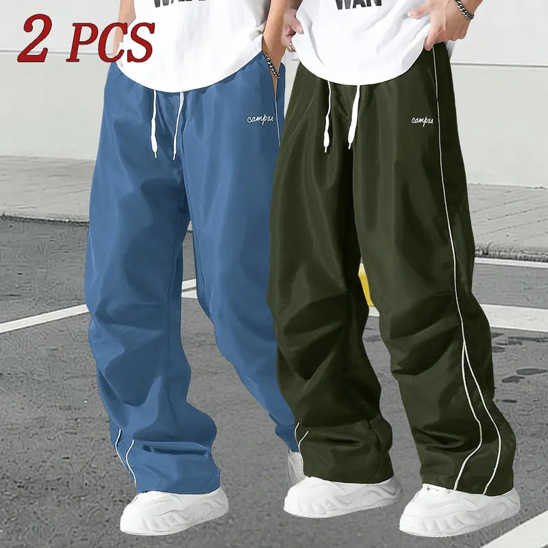 Men's Relaxed Fit Summer Woven Pants - Menswear Sportswear, Lightweight Athletic Fabric, Straight Leg with White Side Stripes, Non-Stretch, Machine Washable 100% Polyester Outdoor Trousers#SummerVibes