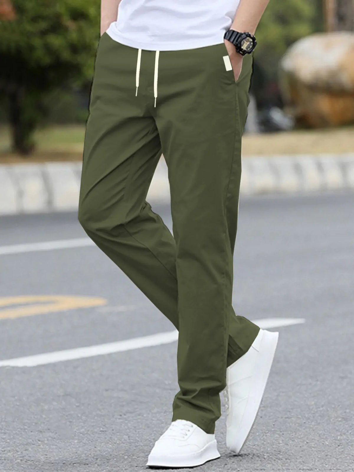 Men's Solid Color Drawstring Waist Pants with Side Pockets, Adjustable Waist Trousers, Casual Fitted Trousers for All Seasons, Comfortable Everyday Wear, Casual Elastic Waist, Casual Comfy Fit