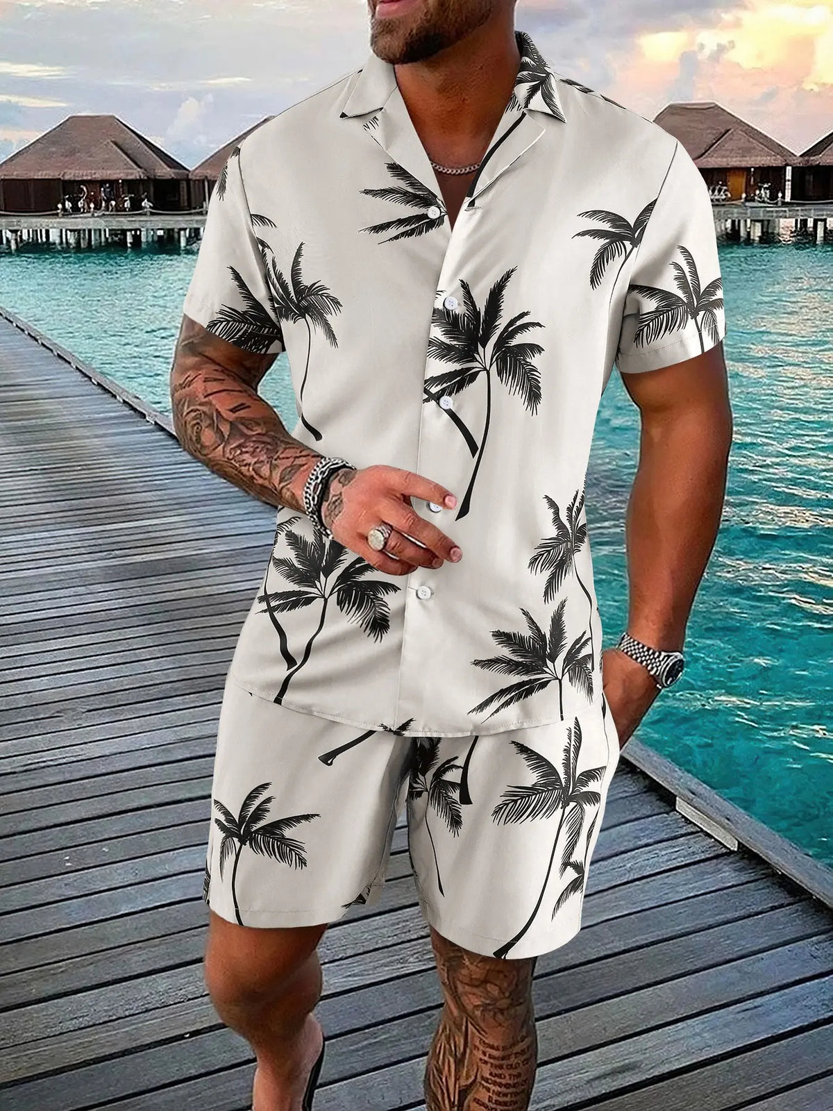 Men's White & Black Tropical Palm Tree Print Loungewear Set, Pajama Set, Pjs, Lounge Sets - Short-Sleeve Button-Up Shirt (Rolled Cuffs) + Drawstring Shorts, Ultra-Soft Smooth Fabric, Relaxed Oversized Fit, Perfect for At-Home Lounging, Pyjamas