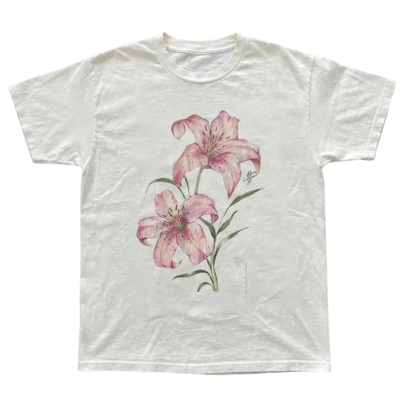 Pink Lily Floral T-Shirt, Tree Shirt, Natural Tee, Gifts Shirt, Unisex Vintage Graphic Tees Gothic Grunge Y2k Emo Scene Amity Affliction Style Clothes Men Women Streetwear