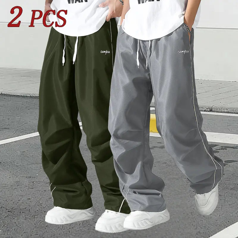Men's Relaxed Fit Summer Woven Pants - Menswear Sportswear, Lightweight Athletic Fabric, Straight Leg with White Side Stripes, Non-Stretch, Machine Washable 100% Polyester Outdoor Trousers#SummerVibes