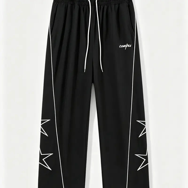 Men's 3-Pack Slim-Fit Activewear Track Pants - Menswear with Star Print, White Side Stripes, Elastic Easy Drawstring Fit Waistband for Casual Everyday Wear, Athletic Use