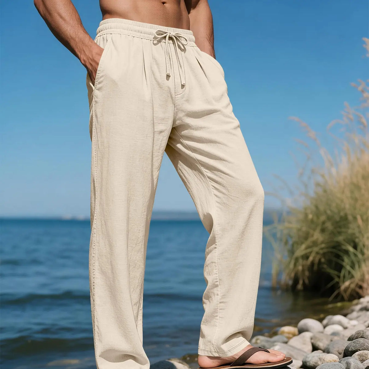 Men's Linen Long Plain Casual Drawstring Waist Trousers Pants, Breathable Tropical Summer Wear, Perfect for Beach, Travel and Commute, Fashionable Bottoms for Men, Casual Comfy Trousers