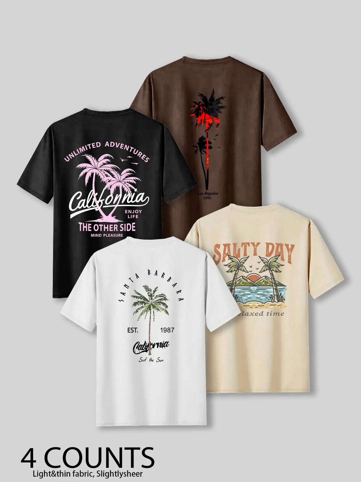 Summer Casual Beach Vibe Style Tropical Coconut Tree Print Top, Unisex Fashion Fitted Casual Graphic Tee T-Shirt Short Sleeve 4-Pack, Comfortable Fit, Perfect for Daily Wear