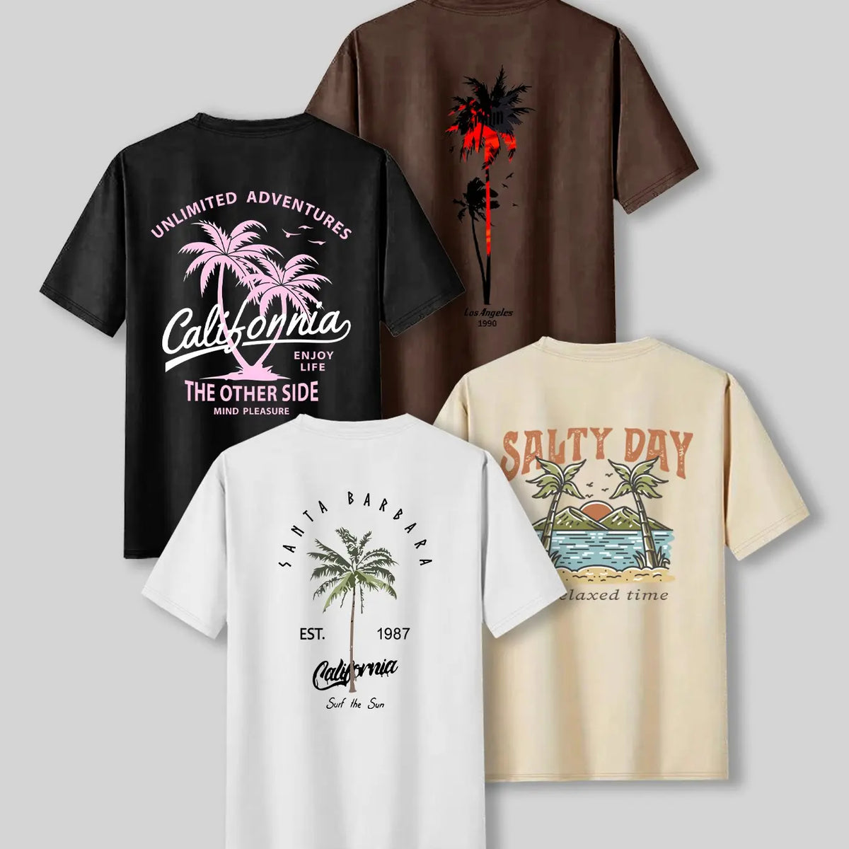 Summer Casual Beach Vibe Style Tropical Coconut Tree Print Top, Unisex Fashion Fitted Casual Graphic Tee T-Shirt Short Sleeve 4-Pack, Comfortable Fit, Perfect for Daily Wear