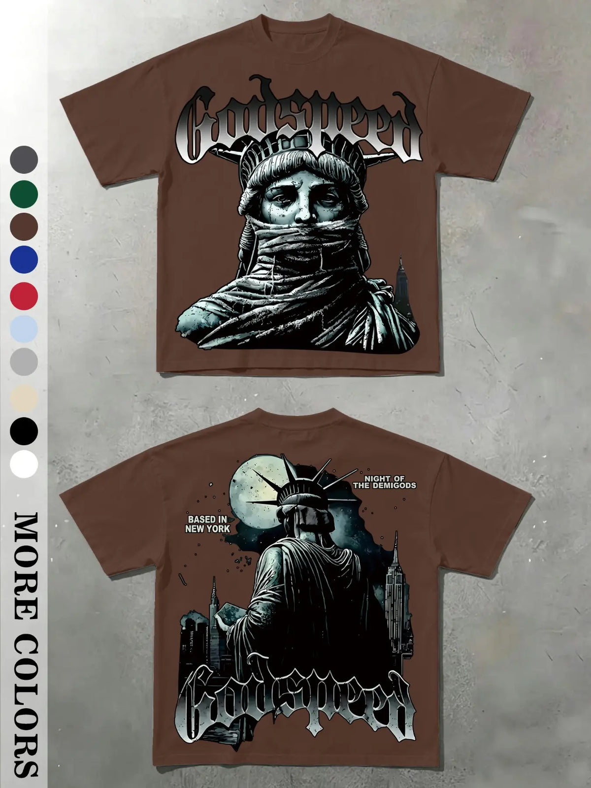Men's Vintage Masked Statue of Liberty Print T-Shirt, Godspeed Gothic Letter, Casual Fitted Long Sleeve, Plain Surface Graphic Design Aesthetic, Streetwear Tops