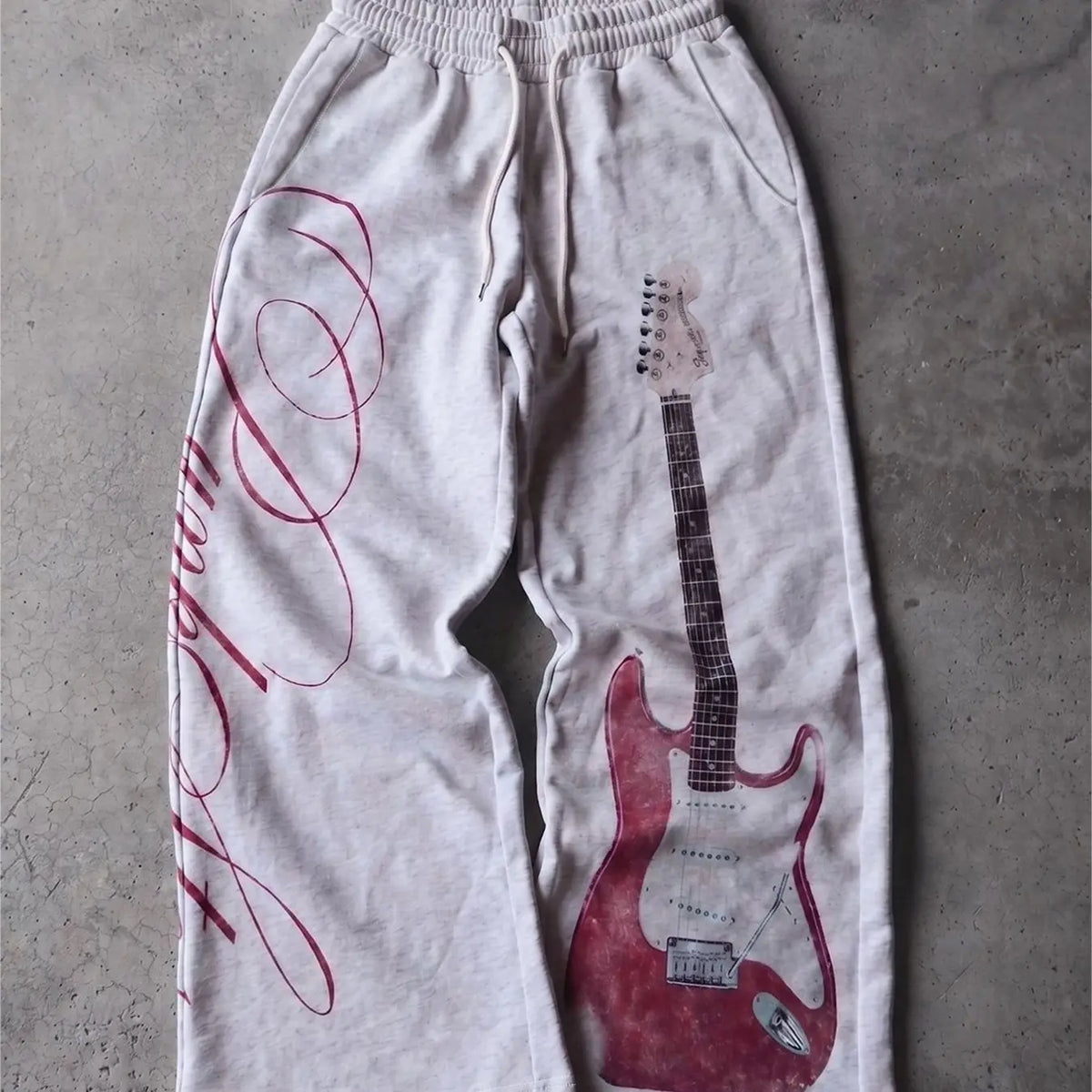 Unisex Street Rock Style Streetwear Drawstring Baggy Pants, Geometric Guitar Print, Elastic Waist, Slant Pockets, Casual Loose Fit, All Seasons