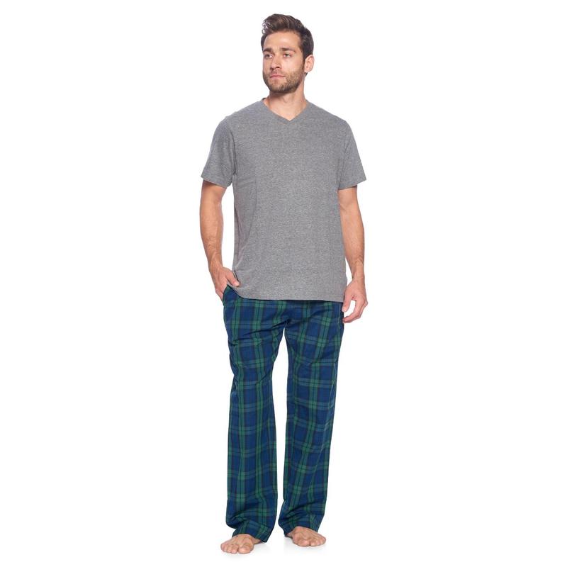 Ashford & Brooks Men's 2-Piece Plaid Detail Pajama Set - Elastic, Cotton Blend, Relaxed Fit, Shrink Resistant, Woven Pants with Side Pockets, Short-Sleeve Soft Cotton Jersey T-Shirt, Breathable Year-Round Sleepwear & Loungewear, Year-Round Wear