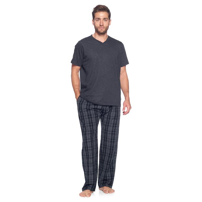 Ashford & Brooks Men's 2-Piece Plaid Detail Pajama Set - Elastic, Cotton Blend, Relaxed Fit, Shrink Resistant, Woven Pants with Side Pockets, Short-Sleeve Soft Cotton Jersey T-Shirt, Breathable Year-Round Sleepwear & Loungewear, Year-Round Wear