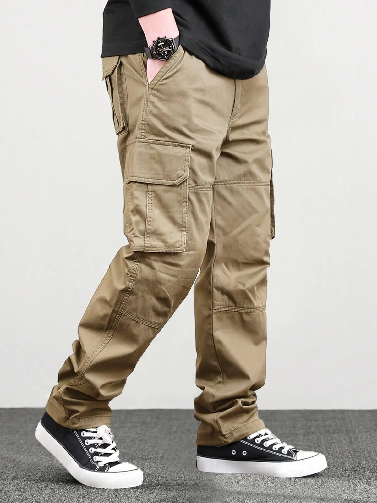 Men's Loose Solid Casual Slant Pocket Drawstring Waist Cargo Pants, Casual Street Style Straight Leg Trousers for Outdoor Hiking Fishing, Woven Bottoms for All Seasons Pants
